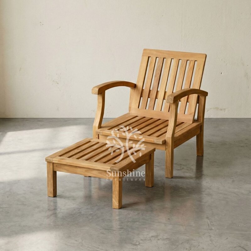 Teak outdoor armchair set with ottoman