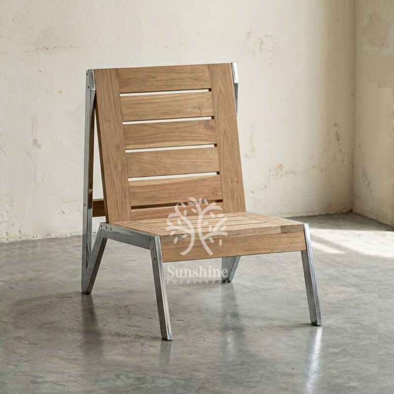 Stainless steel frame teak wood armless chair